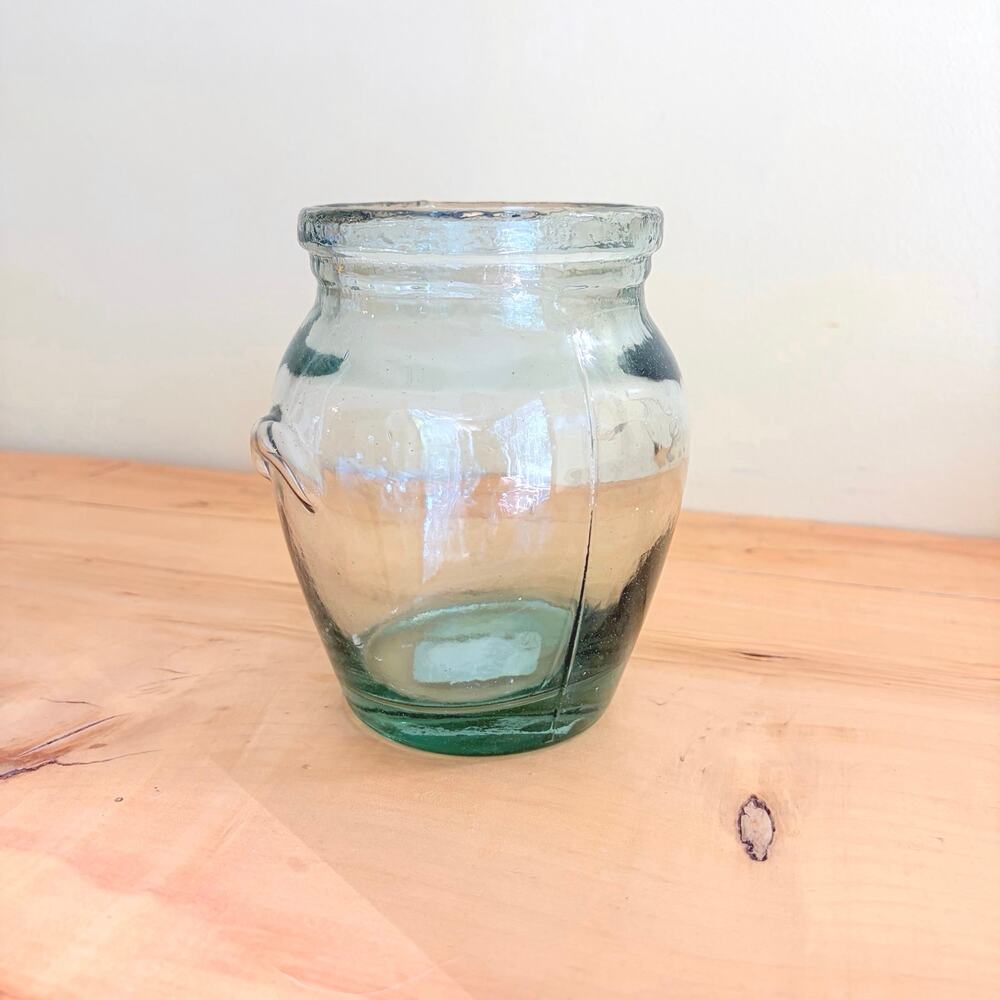 Vtg Mold-Blown Recycled Green Glass Olive Jar Crock Vase Artisan Rustic
